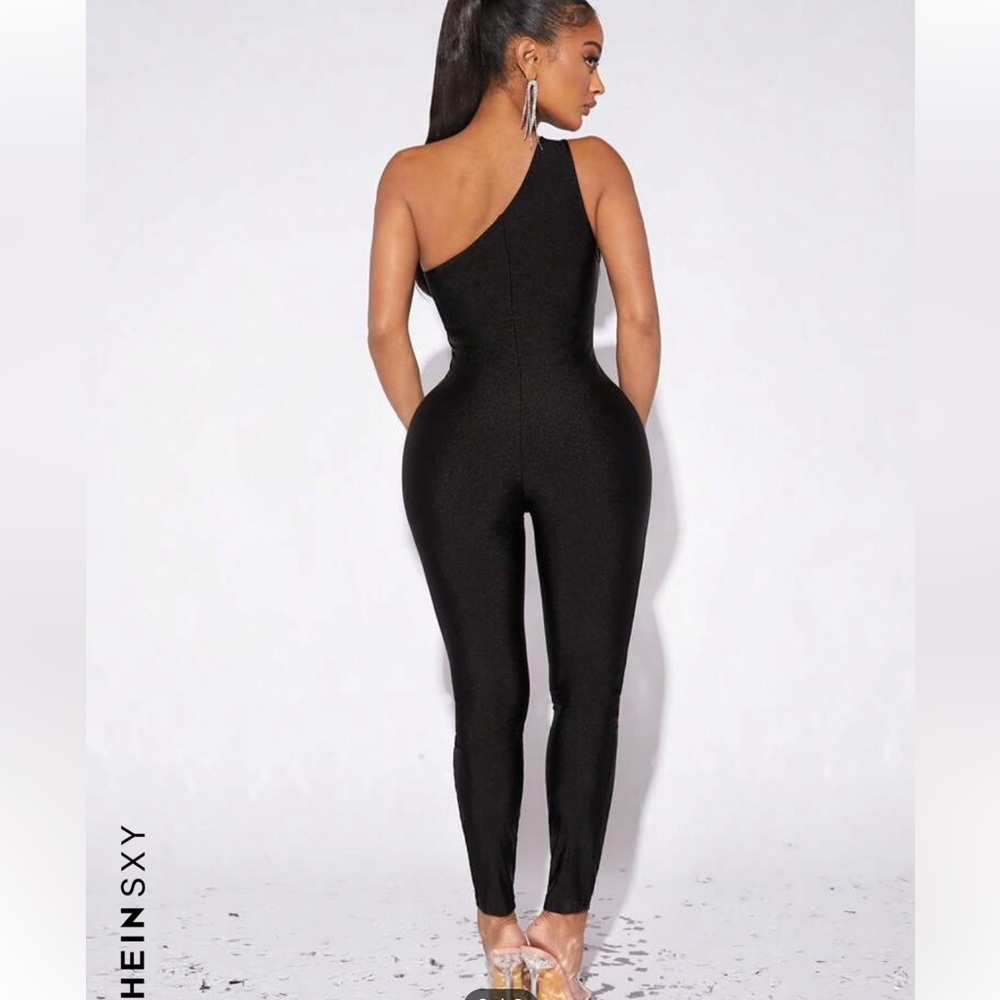One Shoulder Mesh Rhinestone Jumpsuit - Picture 3 of 5